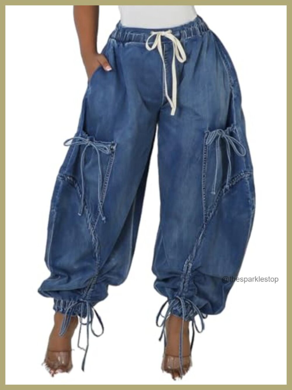 Women's Baggy Cargo Jogger Jeans Drawstring Harem Denim Pants